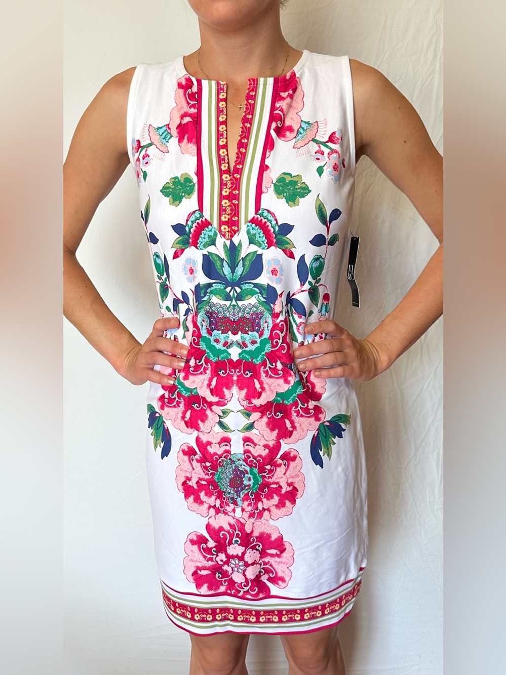 New York & Company White Sleeveless Shift Dress with Pink & Green Floral Print